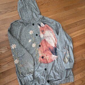 BRAND NEW TEMU HOODED WOMEN'S RED FOX FULL PRINT CARDIGAN SWEATER SIZE 2XL